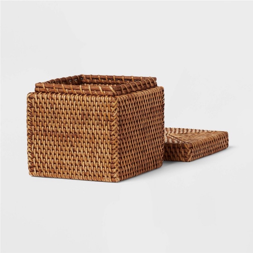 THRESHOLD NWT natural woven tank storage basket with lid -5.25”
